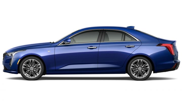 Side view of the 2025 Cadillac CT4 sedan in Wave Metallic.