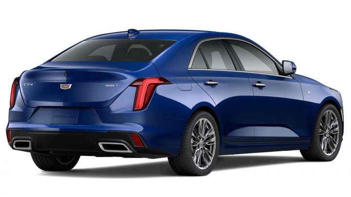 Rear three-quarters view of the 2025 Cadillac CT5 painted in Wave Metallic.