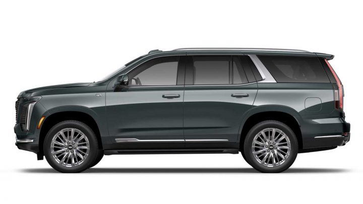 Side view of the 2025 Cadillac Escalade in Aegean Stone. 