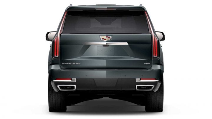 Rear view of the 2025 Cadillac Escalade in Aegean Stone. 