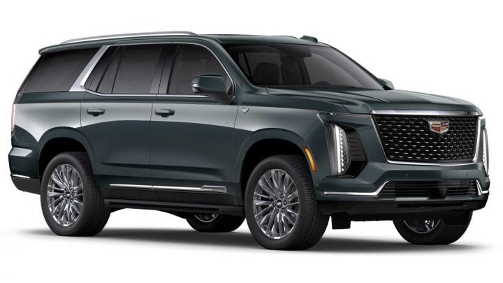 Front three quarters view of the 2025 Cadillac Escalade in Aegean Stone. 