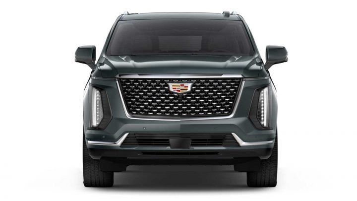 Front view of the 2025 Cadillac Escalade in Aegean Stone. 