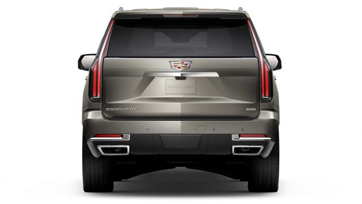 Rear view of the 2025 Cadillac Escalade in Latte Metallic. 