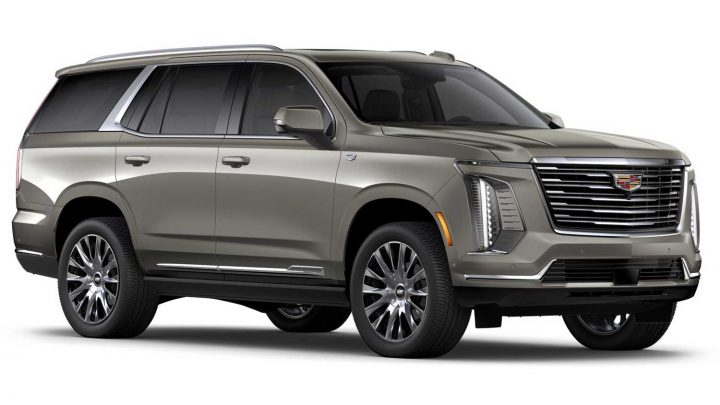 Front three quarters view of the 2025 Cadillac Escalade in Latte Metallic. 