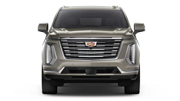 Front view of the 2025 Cadillac Escalade in Latte Metallic. 