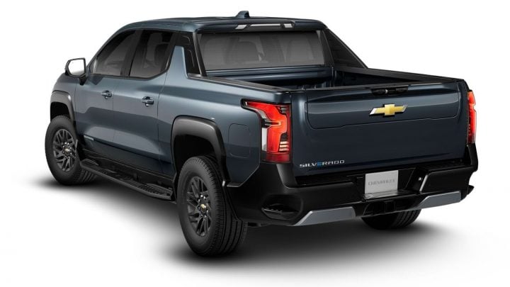 Rear three quarters view of the 2025 Chevy Silverado EV. 