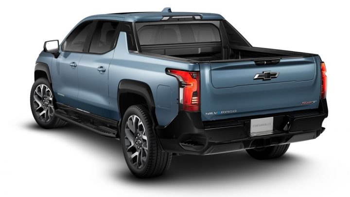 Rear three quarters view of the 2025 Chevy Silverado EV. 