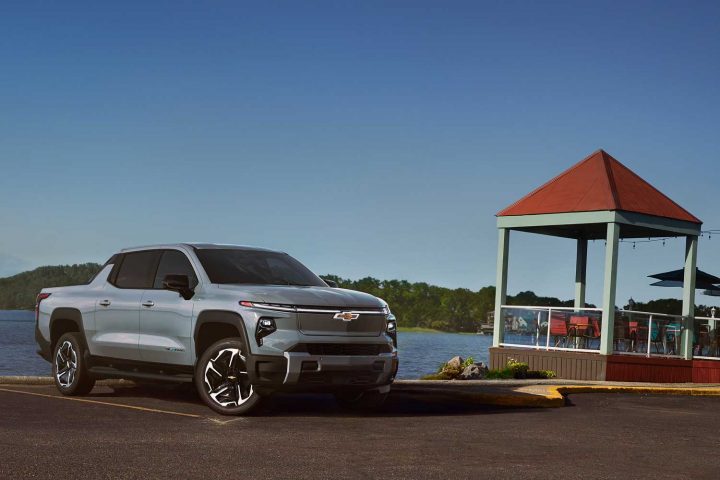Front three quarters view of the Chevy Silverado EV. 