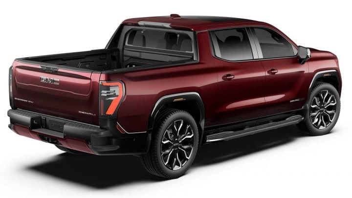 Rear three quarters view of the 2025 GMC Sierra EV.