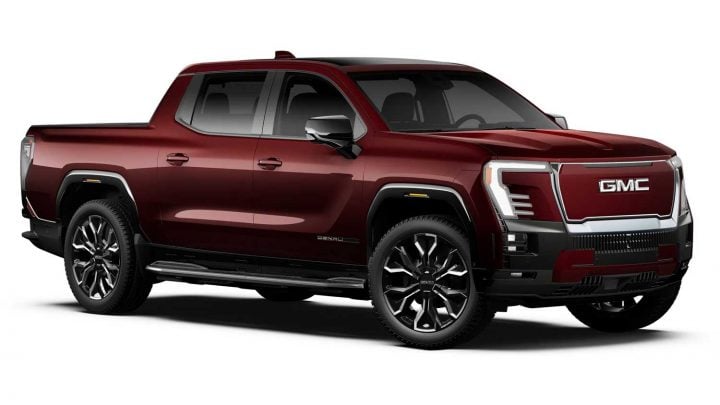 Front three quarters view of the 2025 GMC Sierra EV.