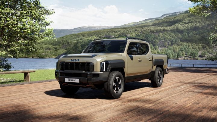 Kia Tasman front three quarter angle.