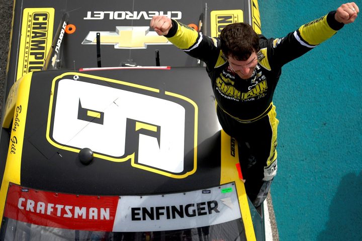 Driver of the No. 9 NASCAR Chevy truck, Grant Enfinger, celebrates his Homestead win.