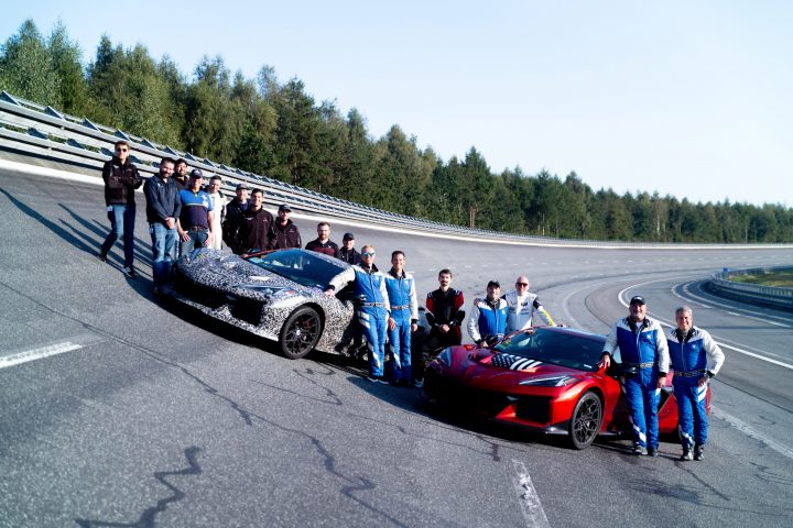 The 2025 Corvette ZR1 and development team on a test track in Germany.