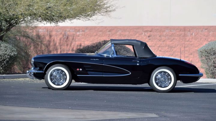 Side view of the Triple Black 1959 Chevy Corvette convertible heading to auction.