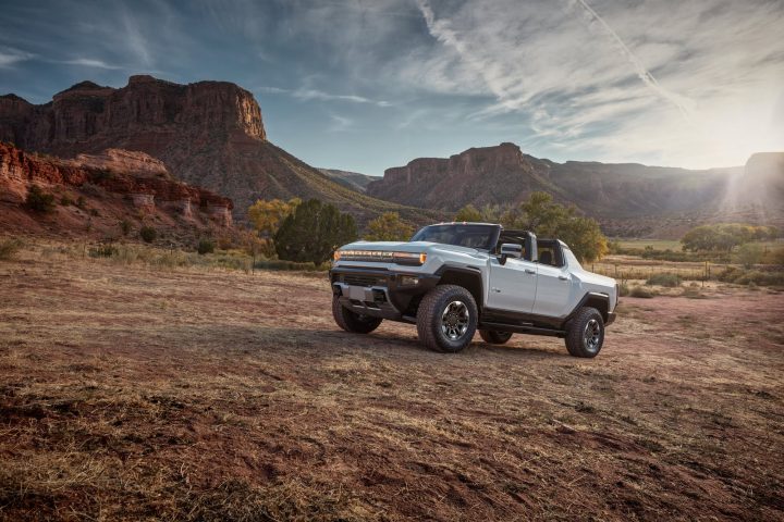 Front three quarters view of the GMC Hummer EV Pickup. 
