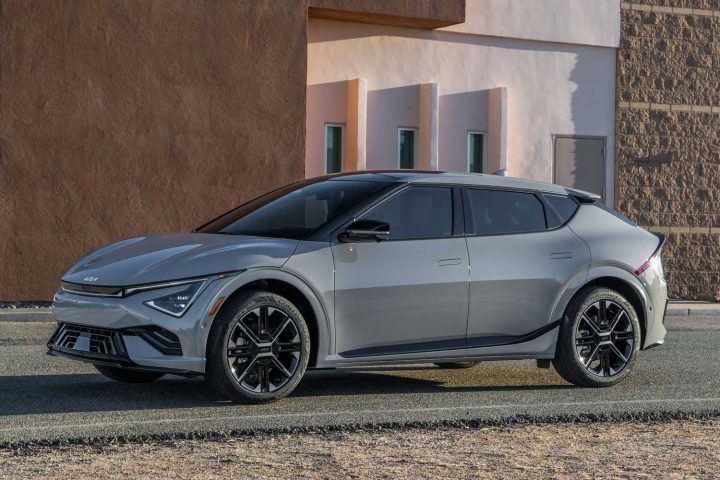 2025 Kia EV6 front three-quarter angle.