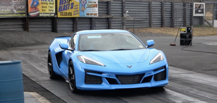 A Chevy Corvette E-Ray prepares for a drag race.