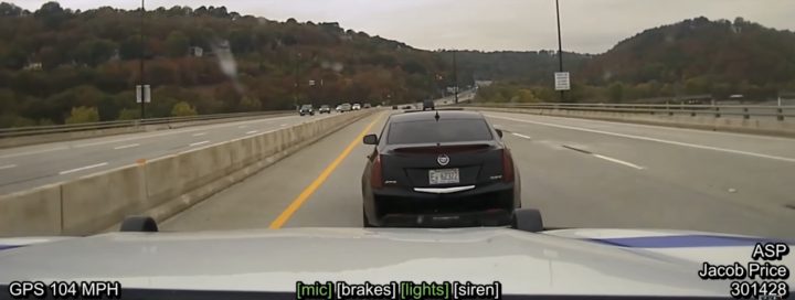 Arkansas State Police pursue a Cadillac ATS.