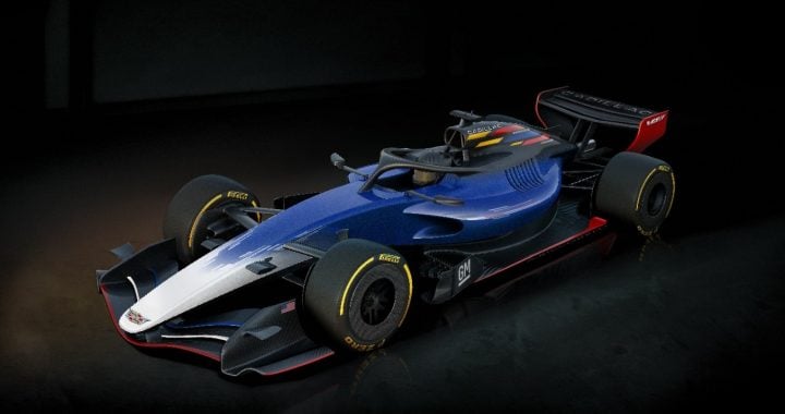 A photo showing a rendering of the future Cadillac F1 entry. Regulations could favor a return to V10 engines after the 2030 season.