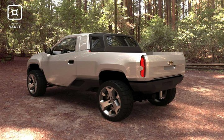 Rear three quarters view of the GM Bare Necessities pickup truck. 