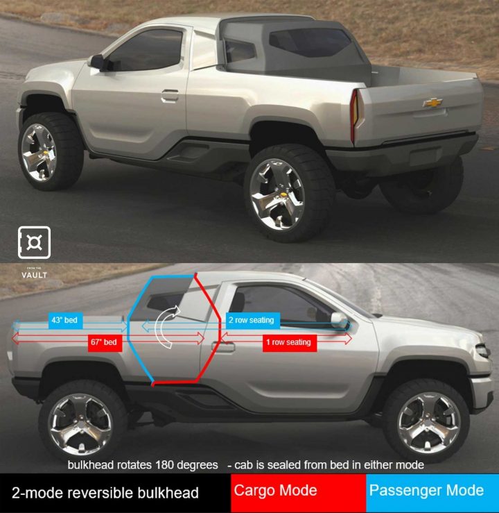 Side and rear three quarters view of the GM Bare Necessities pickup truck. 