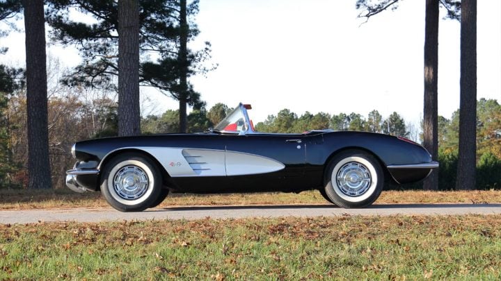 Side view of the Tuxedo Black 1960 Chevy Corvette heading to auction.