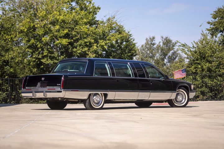 1996 Cadillac Fleetwood Brougham Presidential Limo rear three quarter angle.