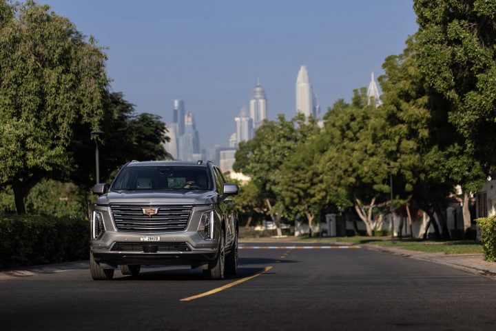 Front end view of the 2025 Cadillac Escalade on United Arab Emirates roads.