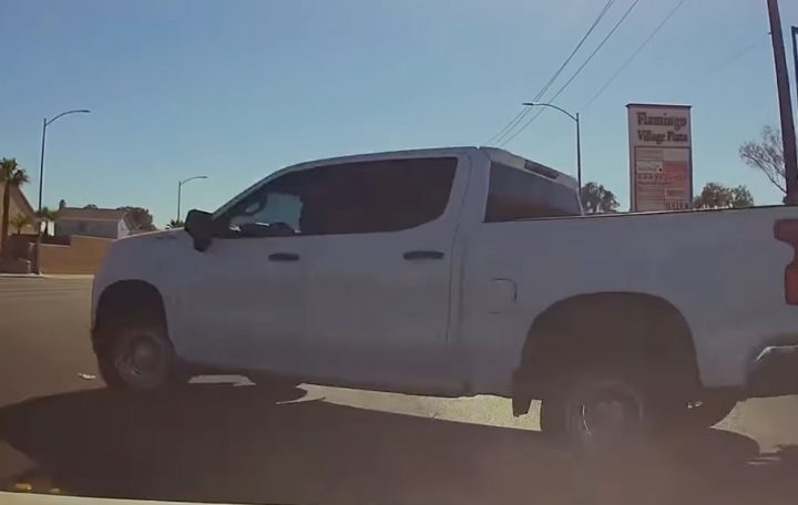 A Chevy Silverado pickup moments before impact.