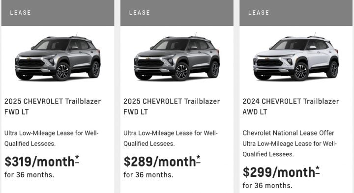 In December 2024, Chevy Trailblazer deals include low-interest financing, no monthly payments for 90 days, and a nationwide lease on subcompact crossover.