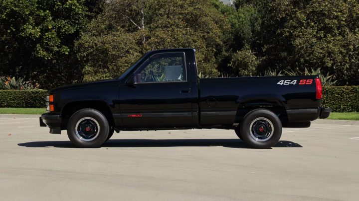 Side profile view of the 1990 Chevy 454 SS pickup truck heading to auction.