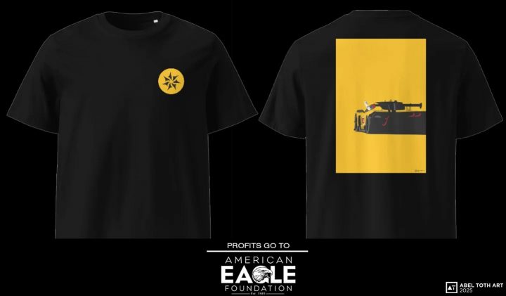 Image of the t-shirt being sold by Corvette Racing driver Tommy Milner, showing an illustration of him flipping off his rival out the window.