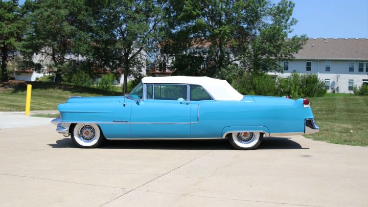 Side view of the 1955 Cadillac Series 62 Convertible heading to auction.