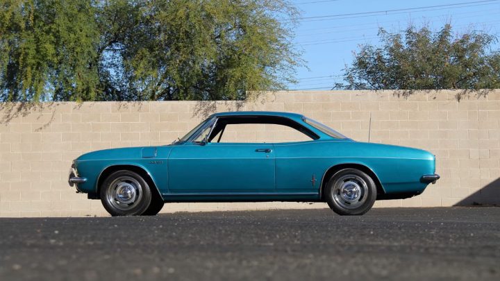 Side view of the 1965 Chevrolet Corvair Corsa Turbo headed to auction in Arizona.