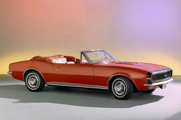 Front three-quarter view of a 1967 Chevy Camaro RS SS Convertible.