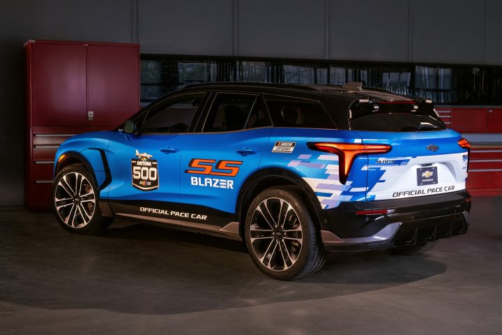 2025 Chevy Blazer EV SS pace car rear three quarter angle.