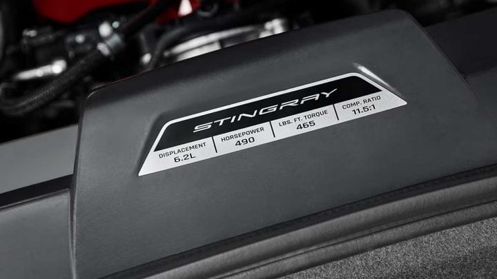 A photo of the Engine Specification Plaque on a 2025 Corvette Stingray.