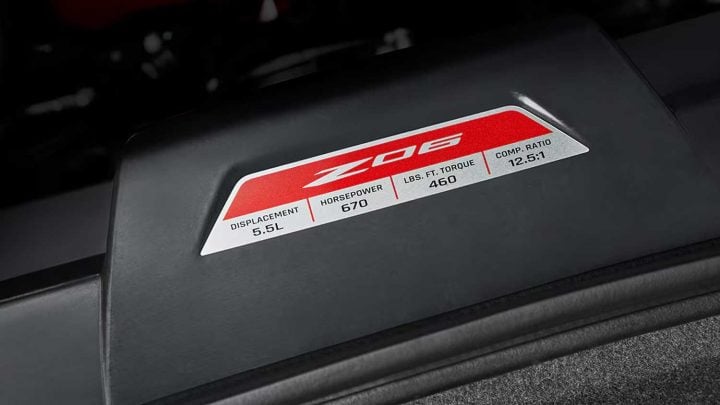 A photo of the Engine Specification Plaque on a 2025 Corvette Z06.