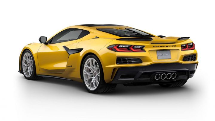 2025 Chevy Corvette ZR1 in Competition Yellow rear three quarter angle.