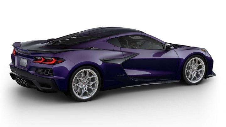 2025 Chevy Corvette ZR1 in Hysteria Purple rear three quarter angle.