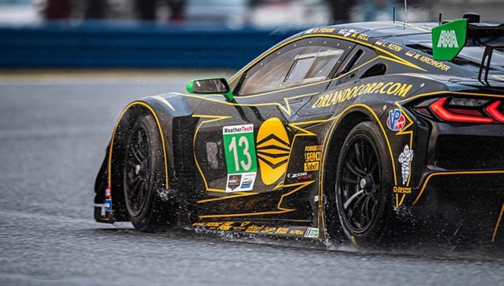 A photo of the No. 13 Corvette Z06 GT3.R on track, showing the race car from a rear three-quarters angle. The victorious Rolex 24 race car is retired and won't be raced again.