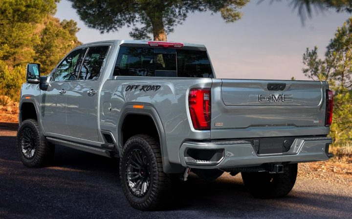 2025 SVE Sport Edition GMC Sierra HD rear three quarter angle.