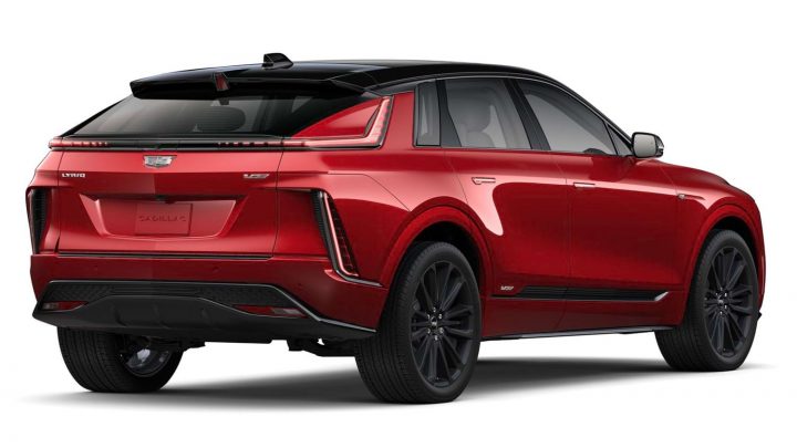 2026 Cadillac Lyriq-V in Radiant Red Tintcoat (GNT), rear three quarter angle.