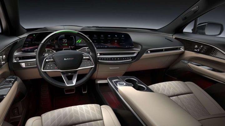 2026 Cadillac Lyriq V-Series Premium interior in Oxford Stone with Garnet accents (ELT).
