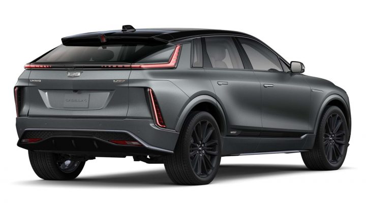 2026 Cadillac Lyriq-V with Exterior Carbon Fiber Package (RPO CFZ) rear three quarter angle.