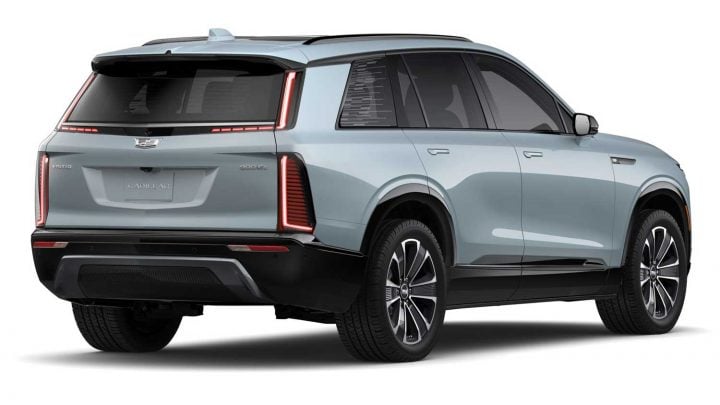 Rear three-quarter view of the 2026 Cadillac Vistiq painted in Nimbus Metallic.