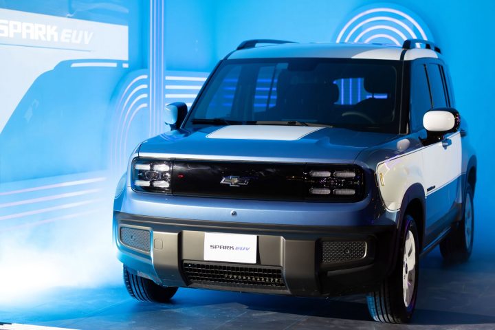 Front three-quarter view of the 2026 Chevy Spark EUV during its unveiling in Dubai.