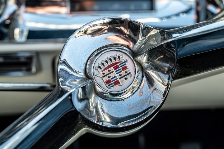 View of the old Cadillac logo on the steering wheel of the 1958 Cadillac Series 62 Eldorado.