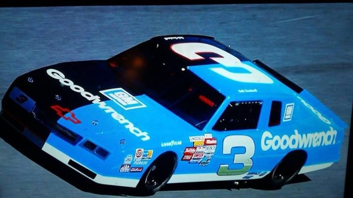 Photo of the No. 3 Chevy driven by Dale Earnhardt showing a half-black, half-blue paint scheme. GM wanted the race car to be painted blue. 