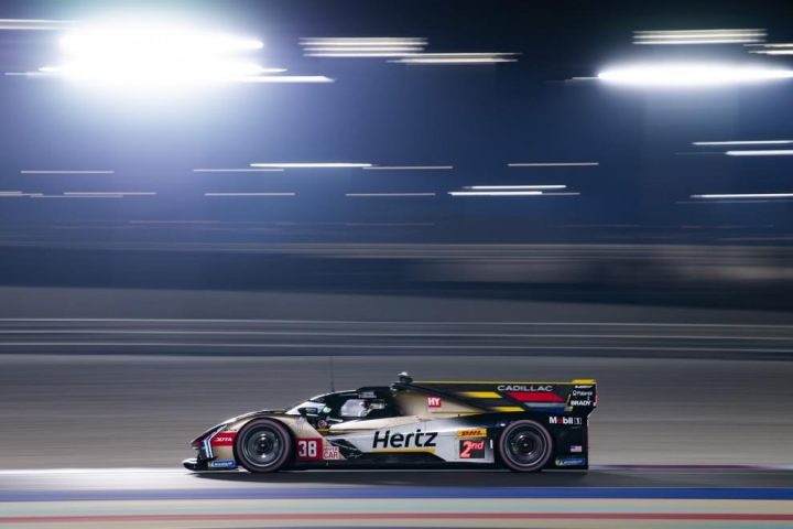 Photo of the No. 38 Cadillac Racing V-Series.R on track during the 2025 Qatar 1812km. Both Caddy race cars ended up with crash damage after wrecking into each other early on. 
